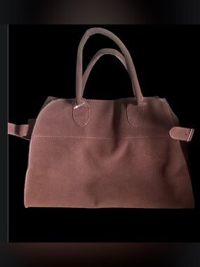 Brown Suede Dual Handle Satchel | Riri Hardware | Metal Feet | Soft Nubuck